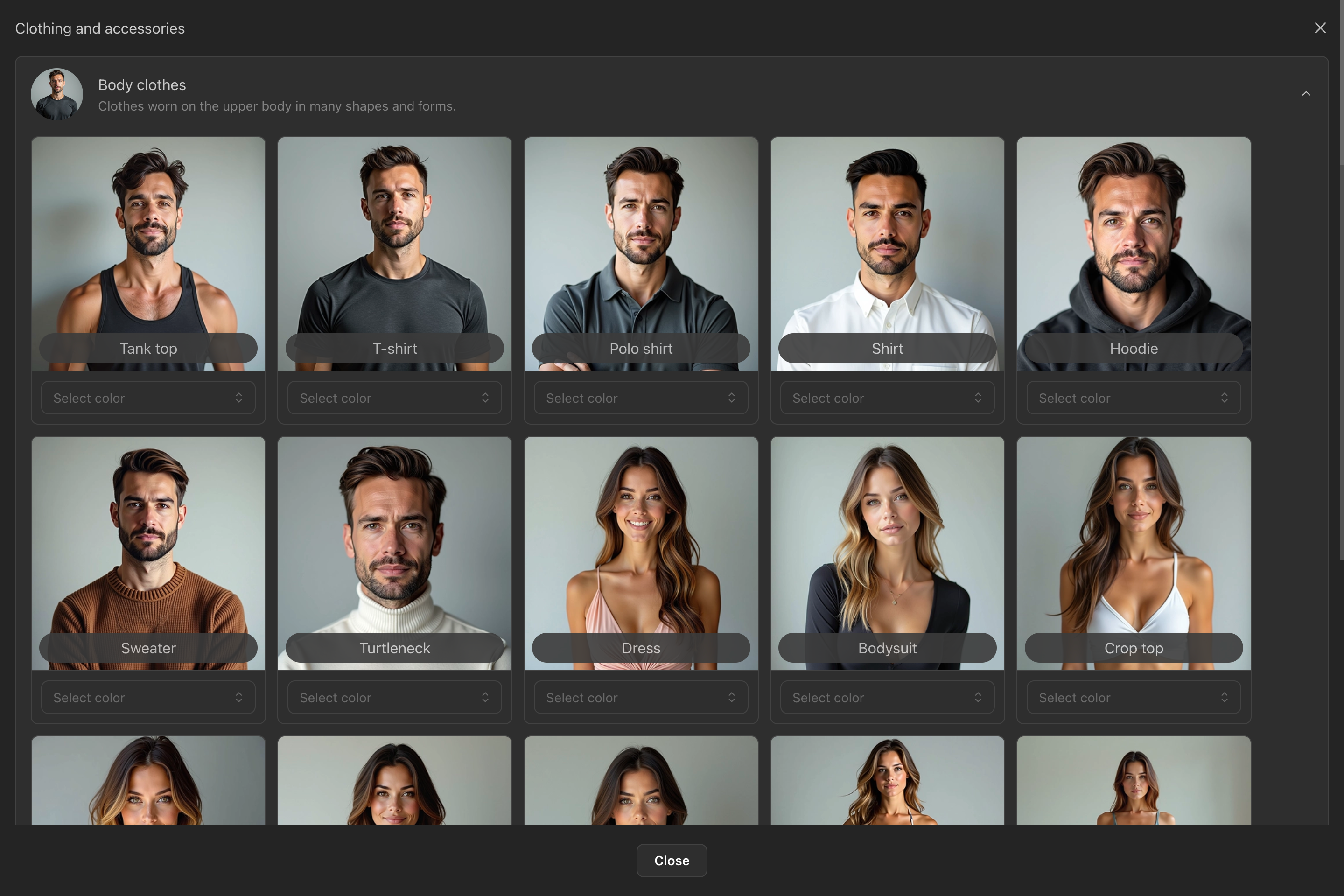 Preview of professional clothing options for headshots such as shirts, blazers, and accessories